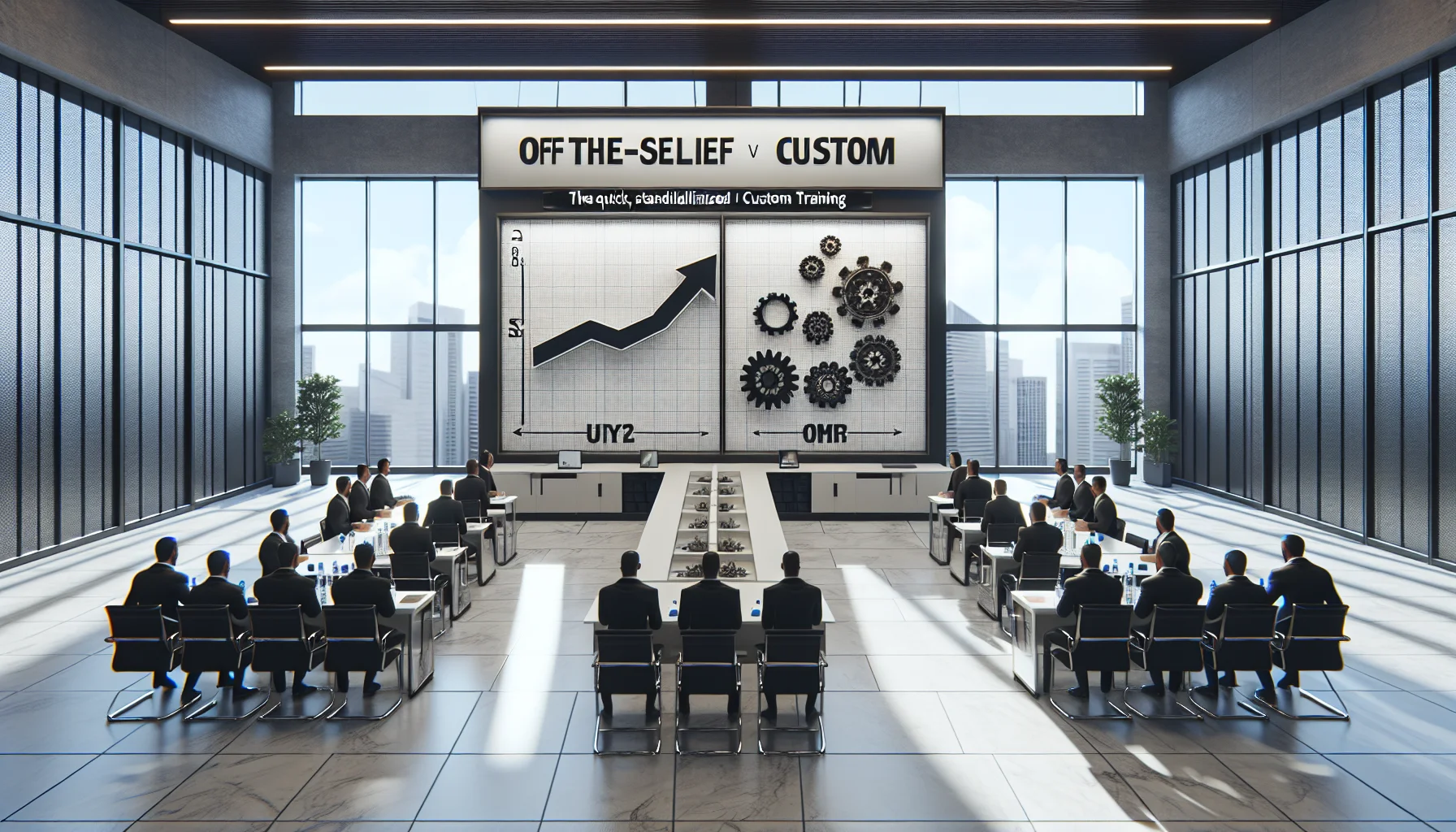 Team reviewing off-the-shelf vs custom training decision framework