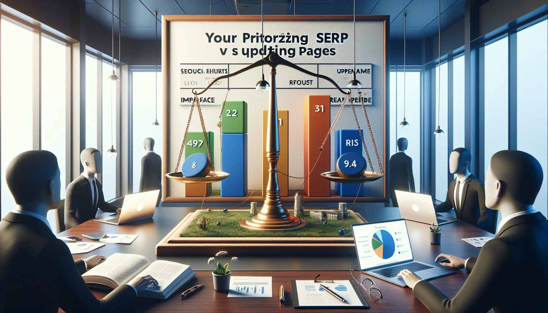 Team reviewing prioritize SERP gaps scoring model on laptop