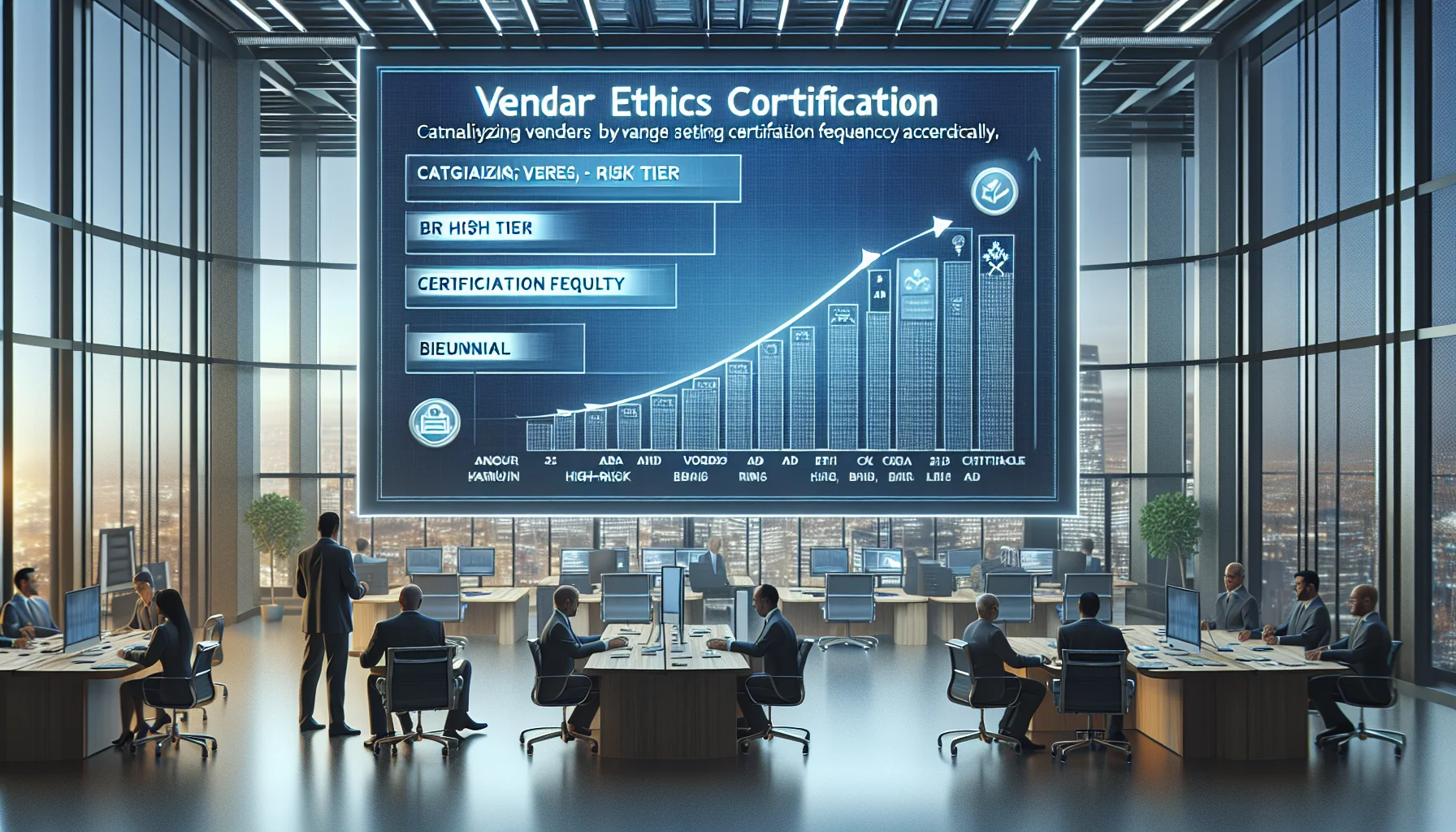 Compliance team reviewing vendor ethics certification dashboard on laptop
