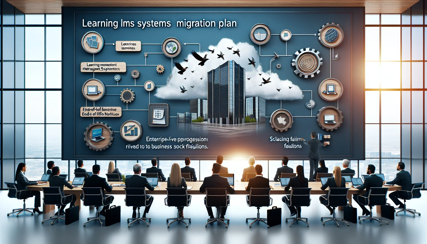 Project team planning LMS migration roadmap on whiteboard