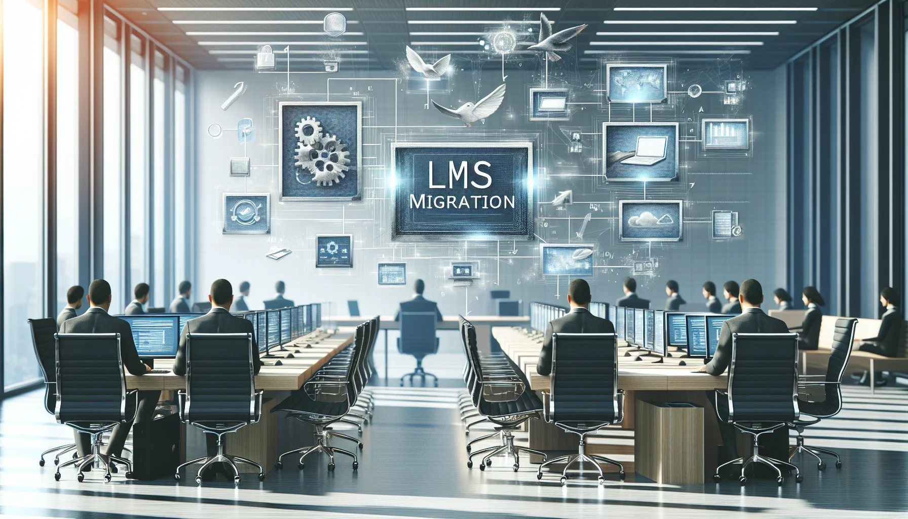 Project team planning an LMS migration on whiteboard