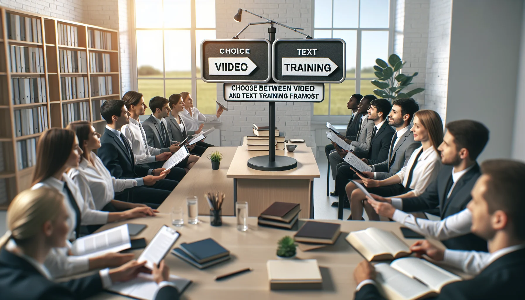 Team reviewing training content format and video vs text options