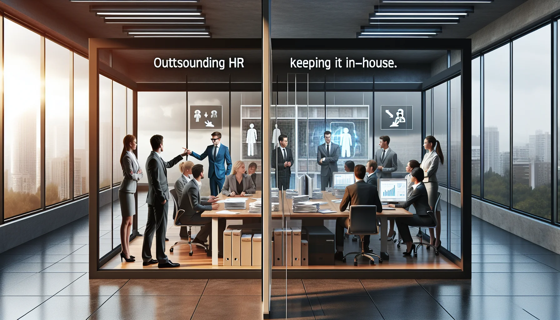 Business leaders comparing outsourcing HR vs in-house decision matrix
