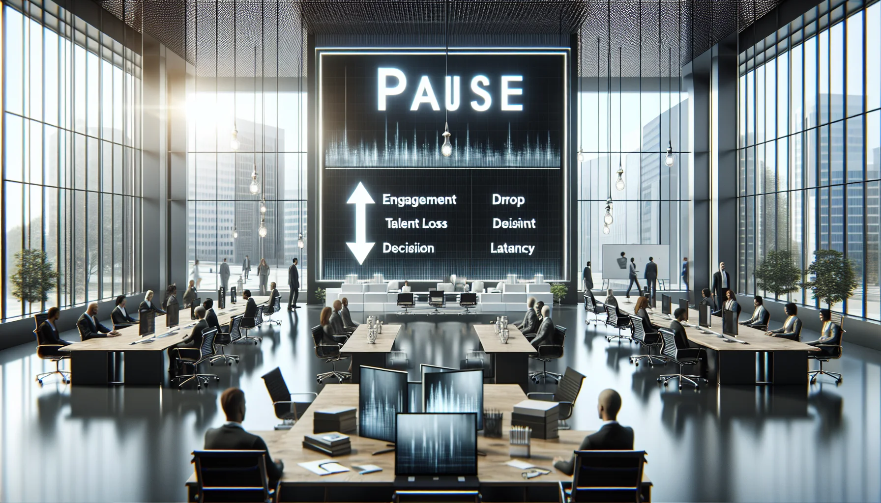 Leaders reviewing pause change initiative indicators on screen