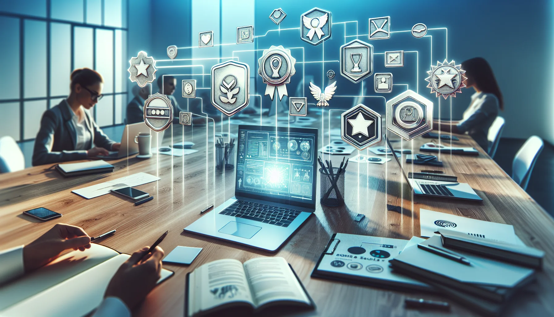 Researcher reviewing badge research sources and gamification papers