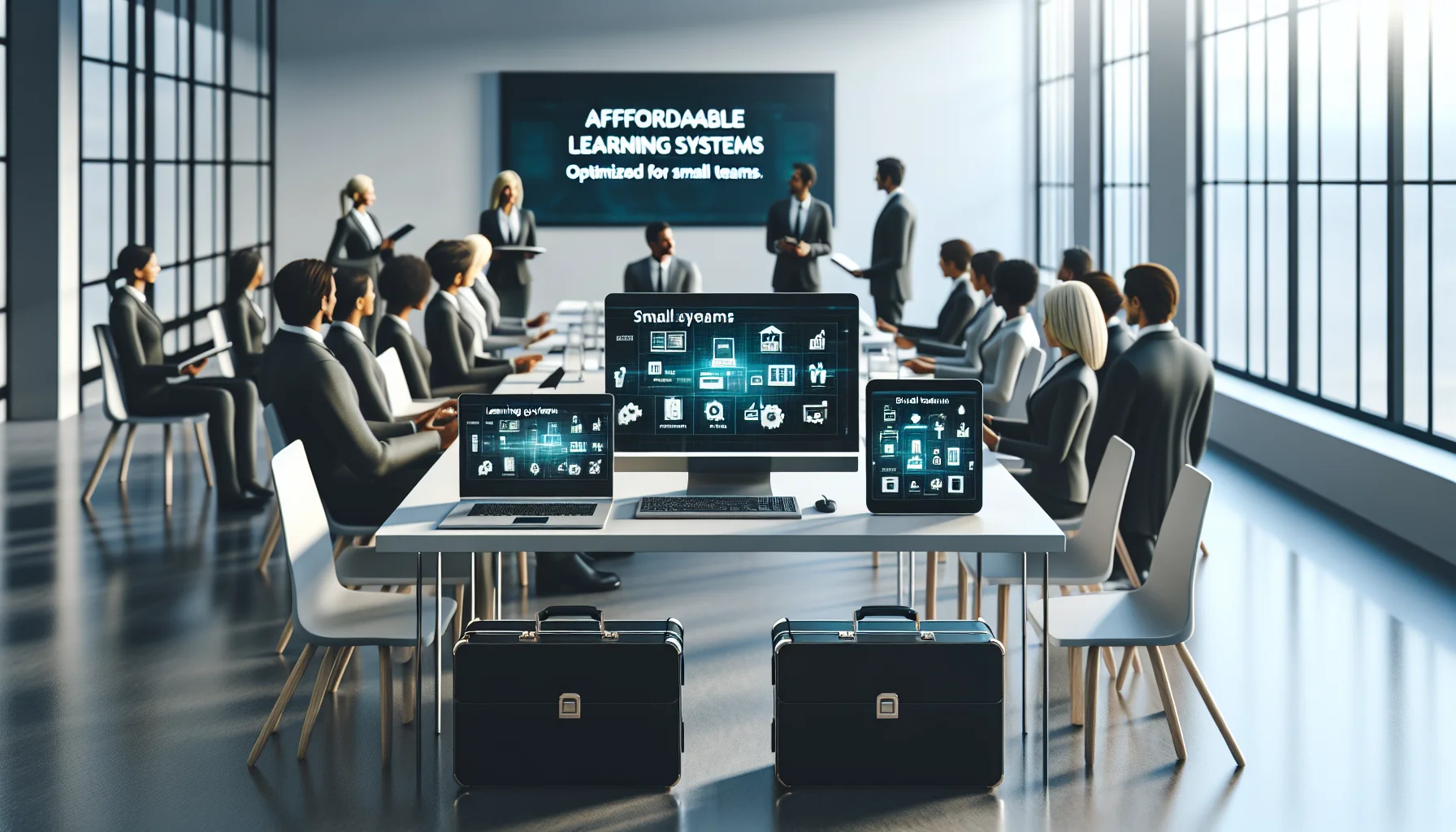 Small team reviewing affordable learning systems on laptop screen