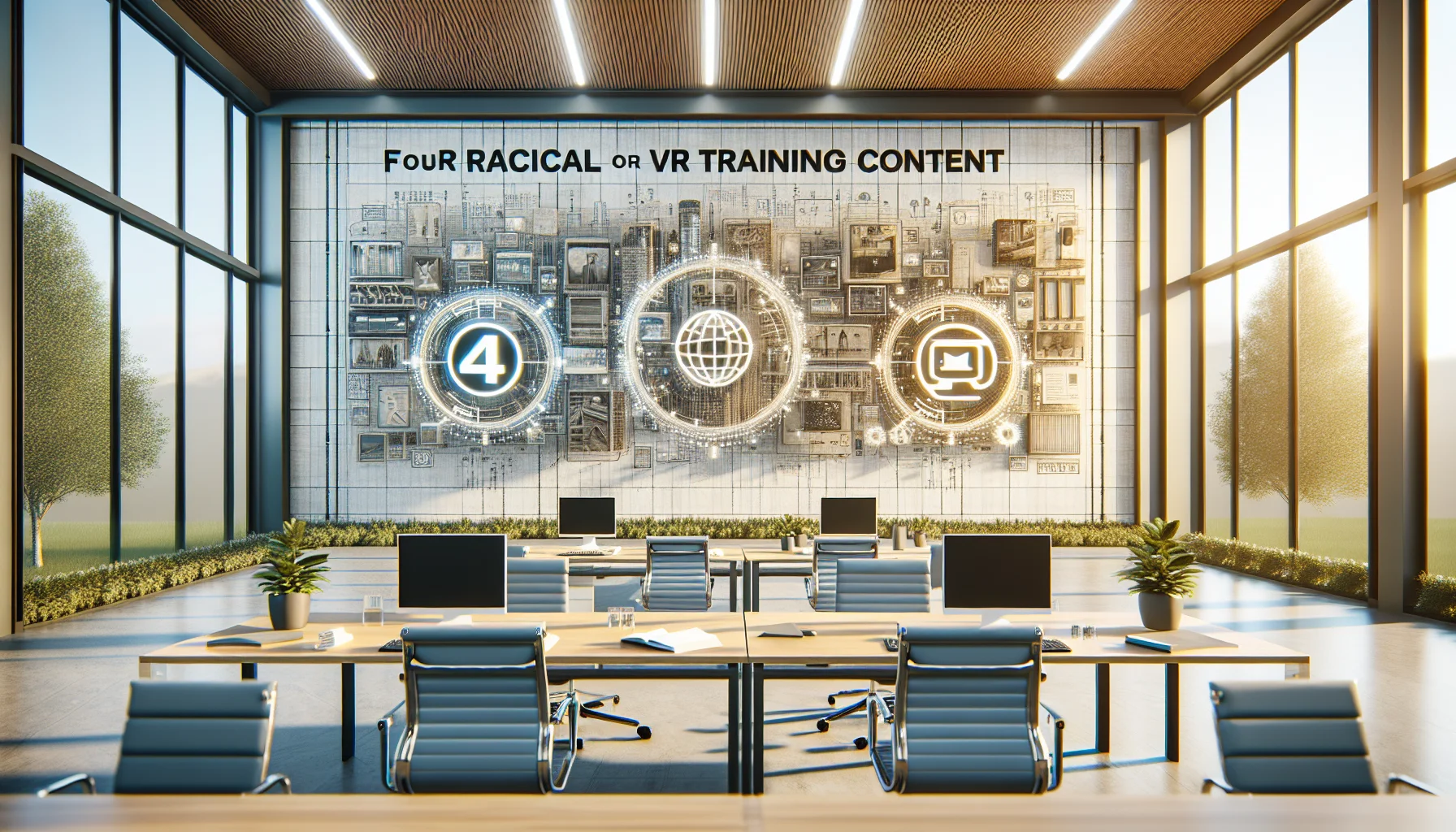 Team reviewing VR training content sources on laptop screen