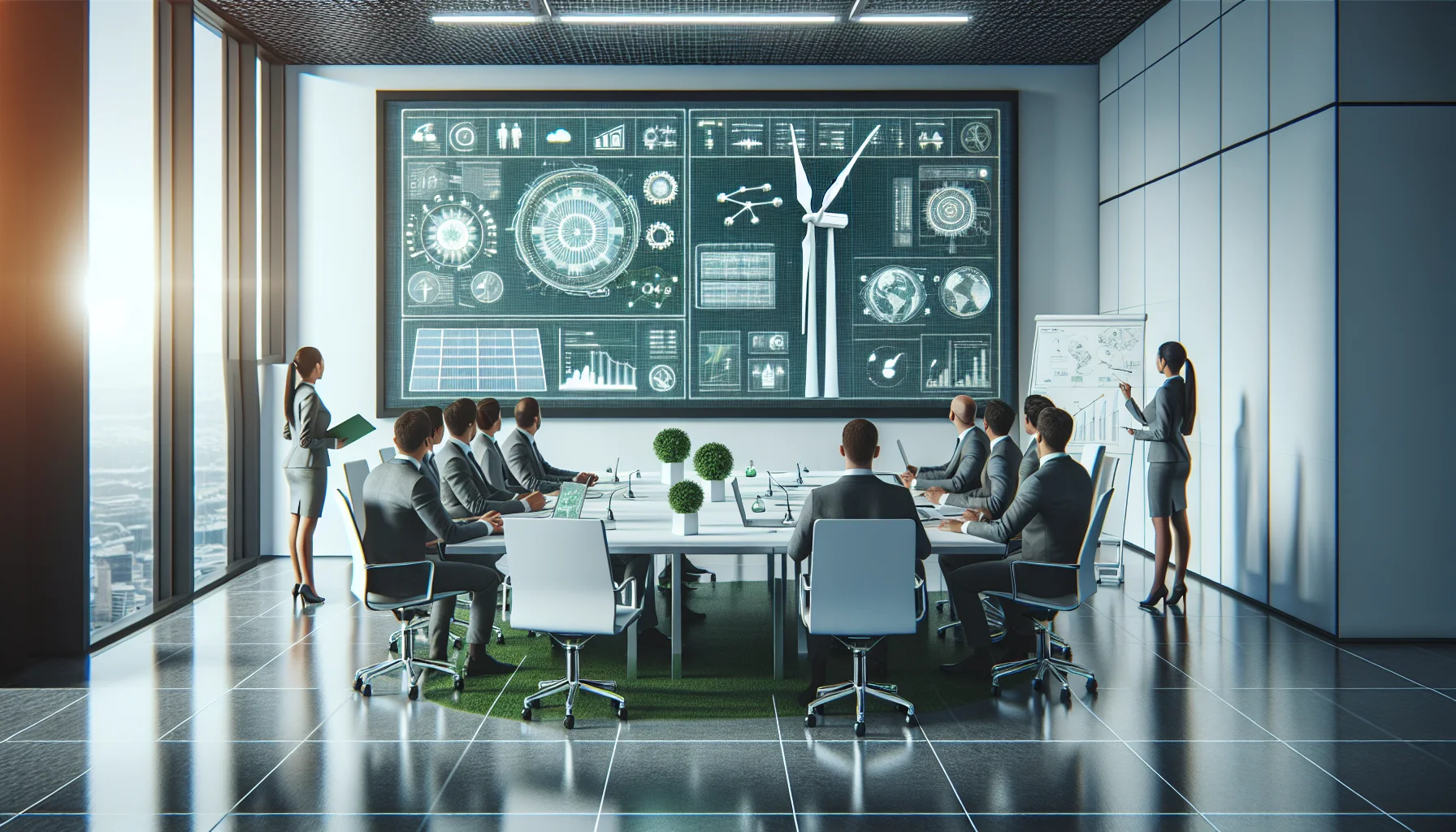 Engineers discussing green skills training plan on laptop