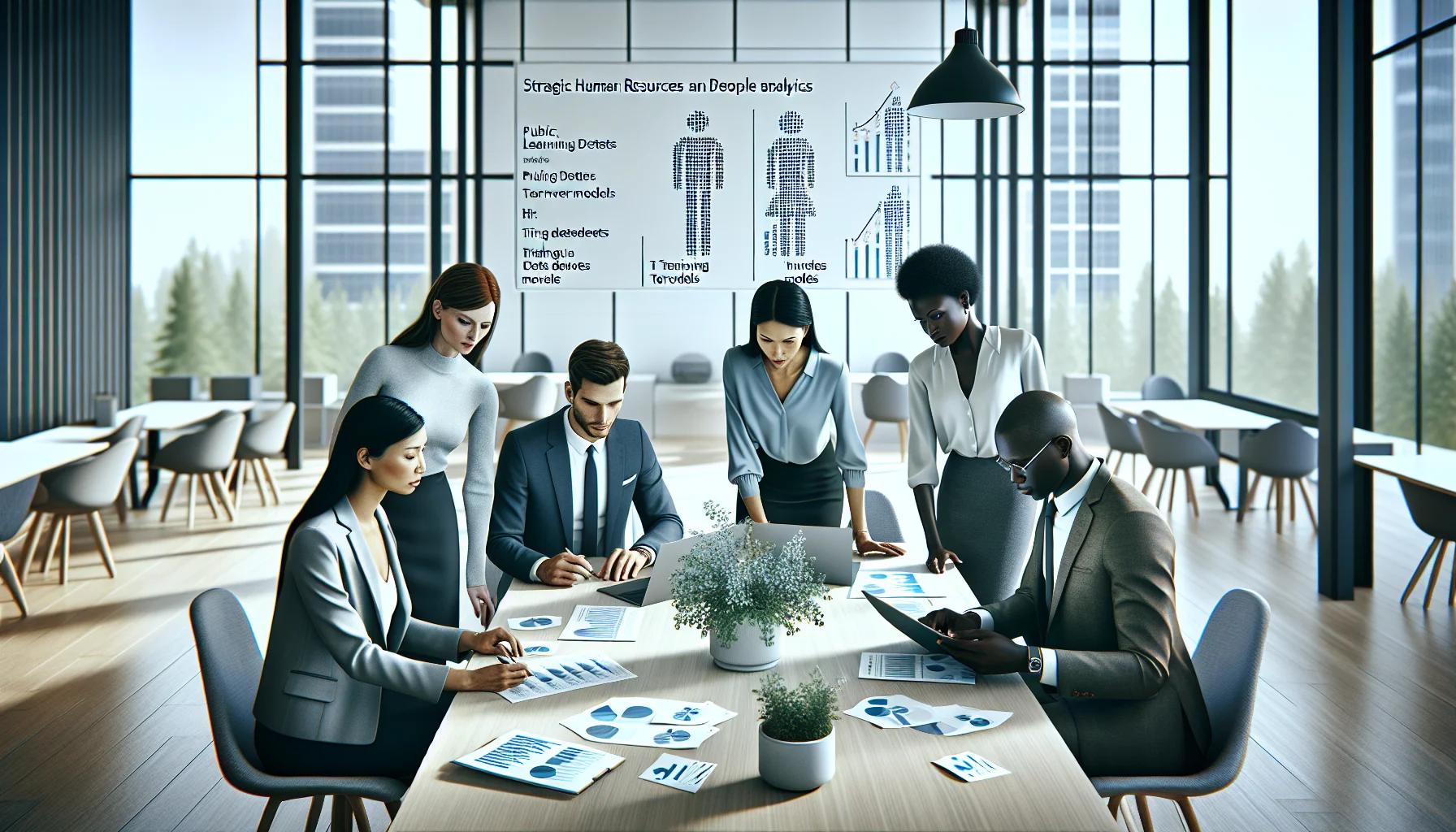 HR analysts reviewing training datasets turnover models on dashboard