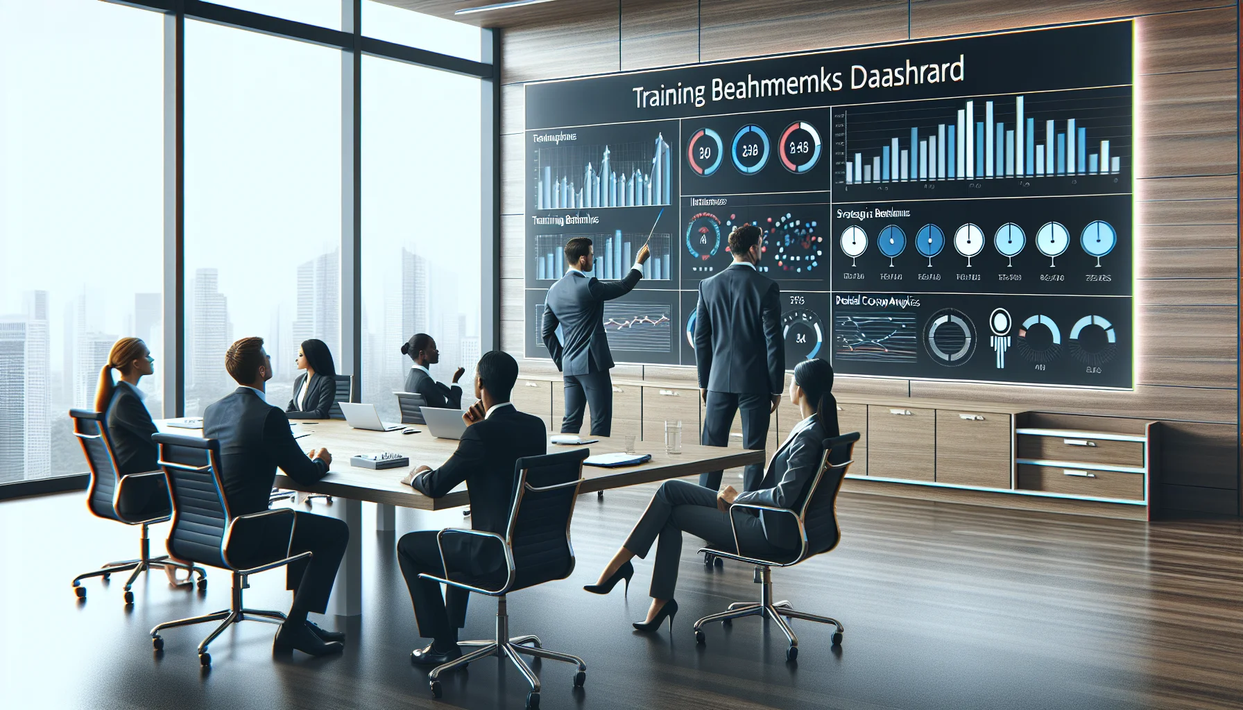 Executive viewing training benchmarks dashboard with KPI tiles