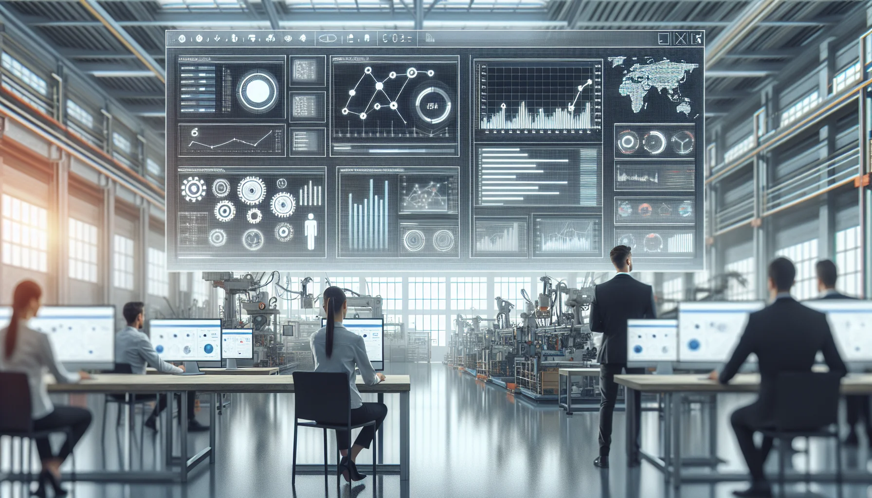 Supervisor viewing analytics platforms real-time dashboards for workforce tracking