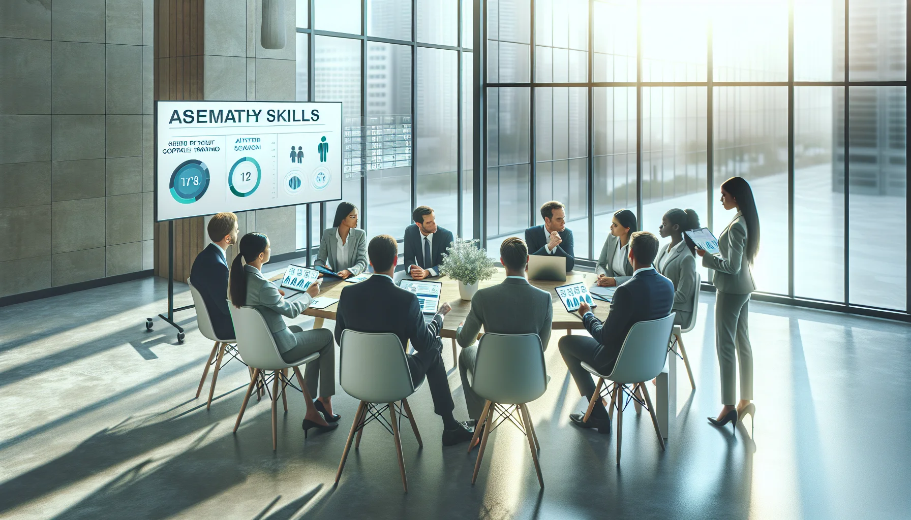 Executives reviewing empathy metrics dashboard for assessing empathy skills