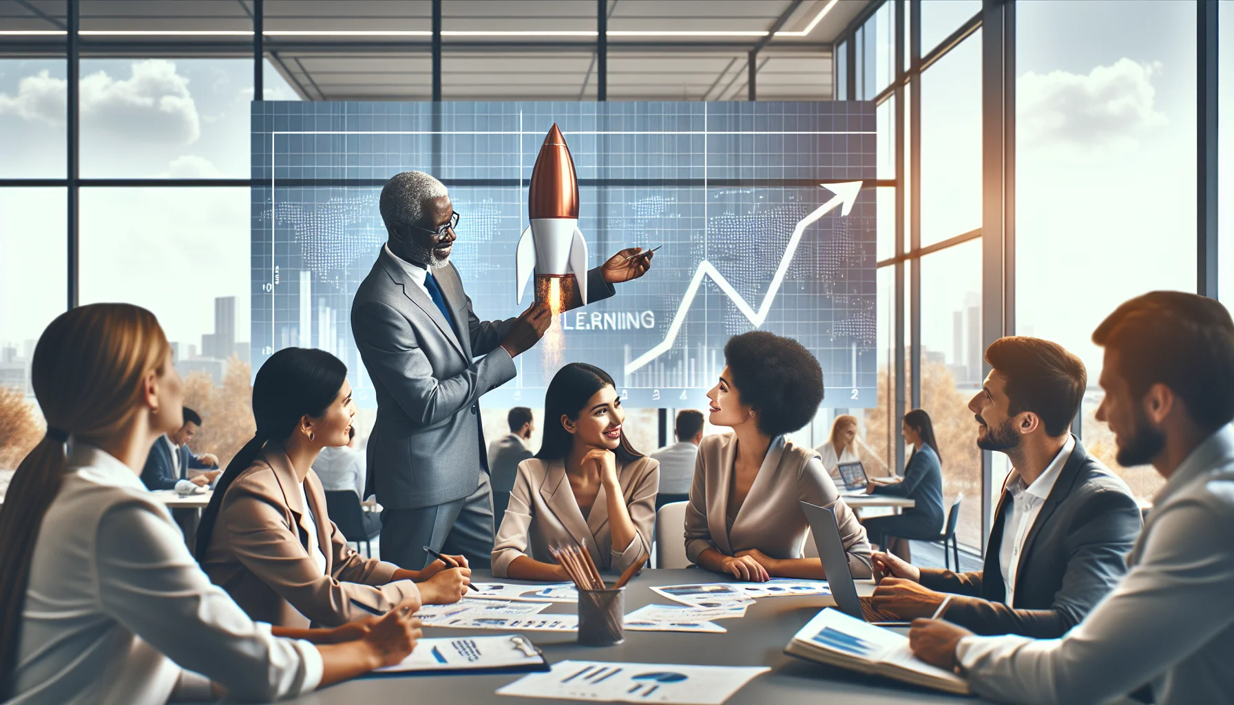 Executives reviewing a learning culture case study dashboard
