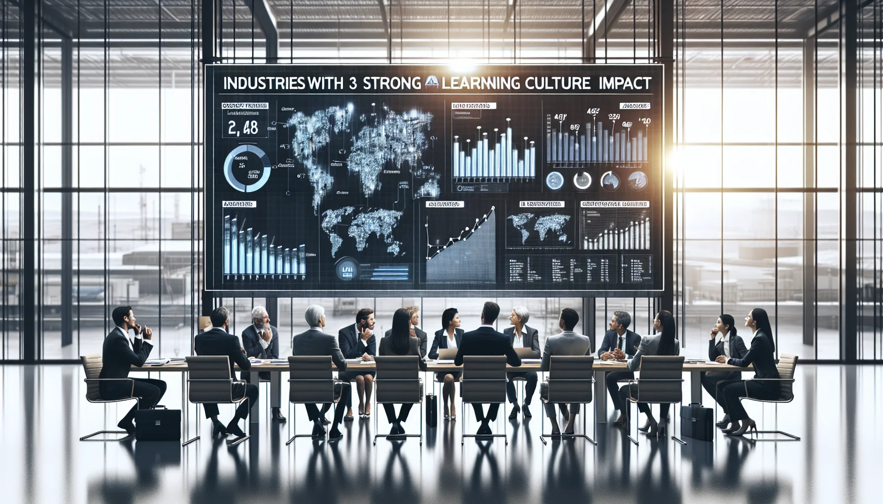 Executives reviewing industry learning impact metrics on dashboard
