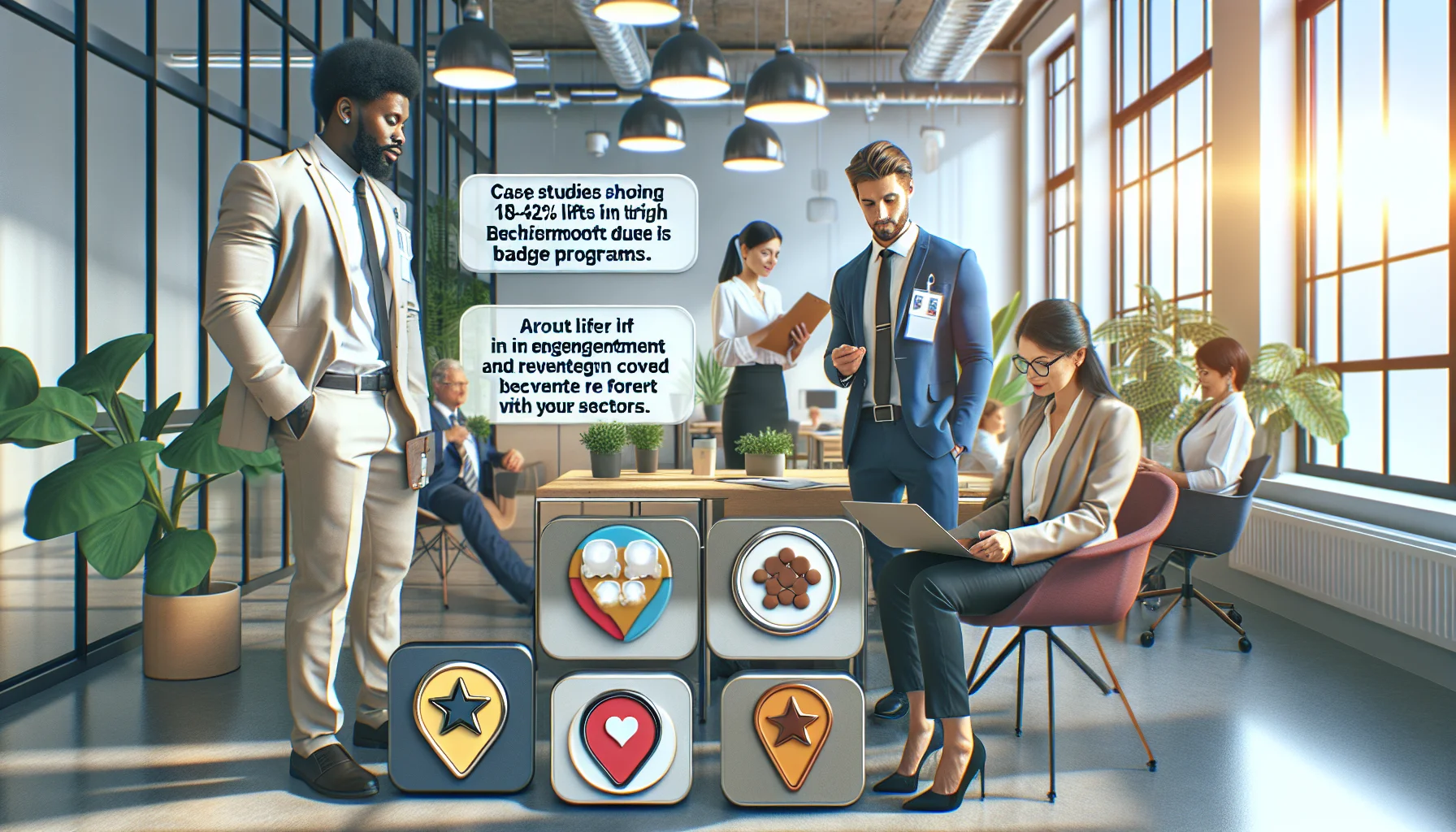 Team reviewing badge program metrics across industries successful badges