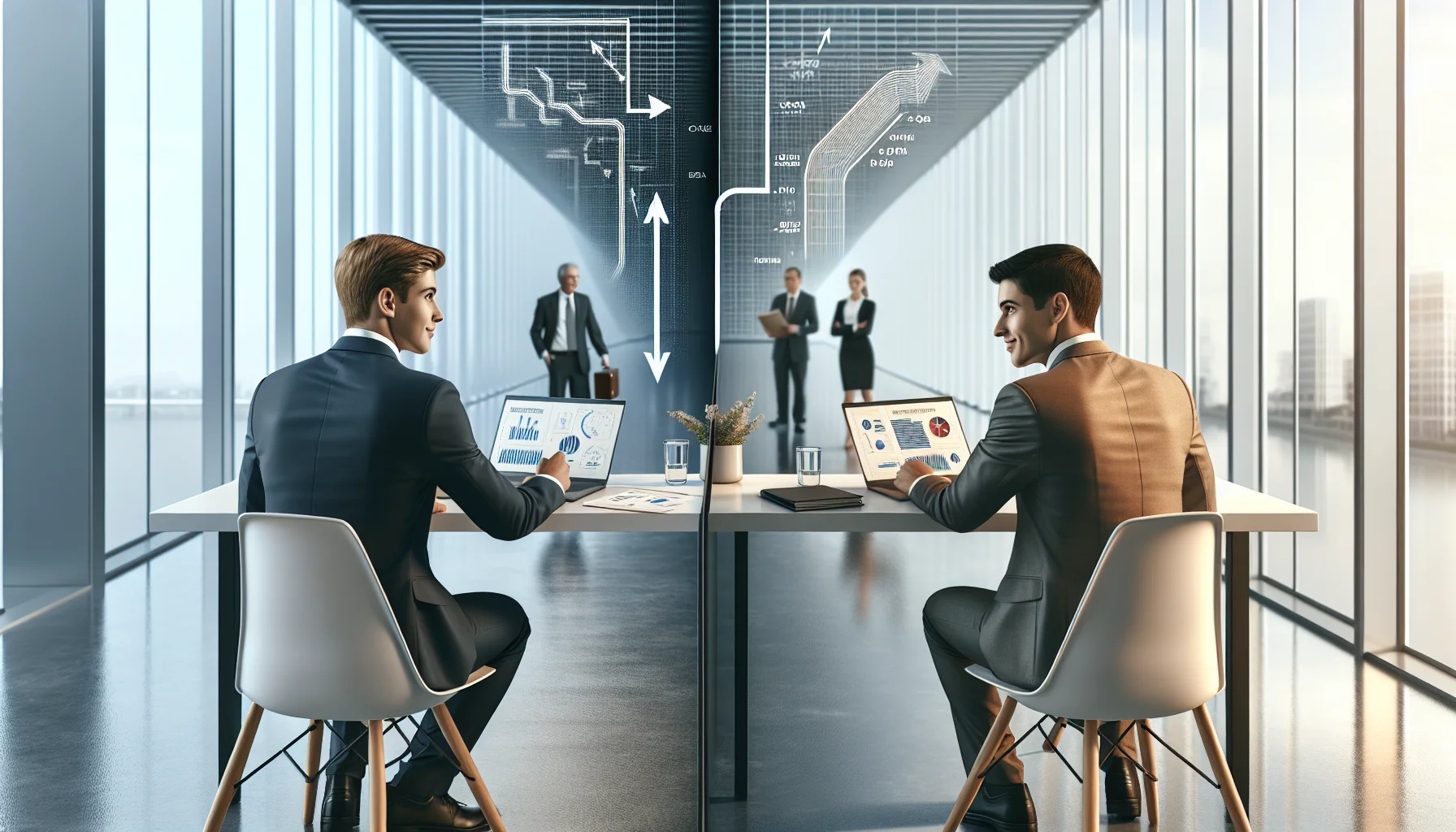 Executive pair discussing reverse vs traditional mentoring on laptop