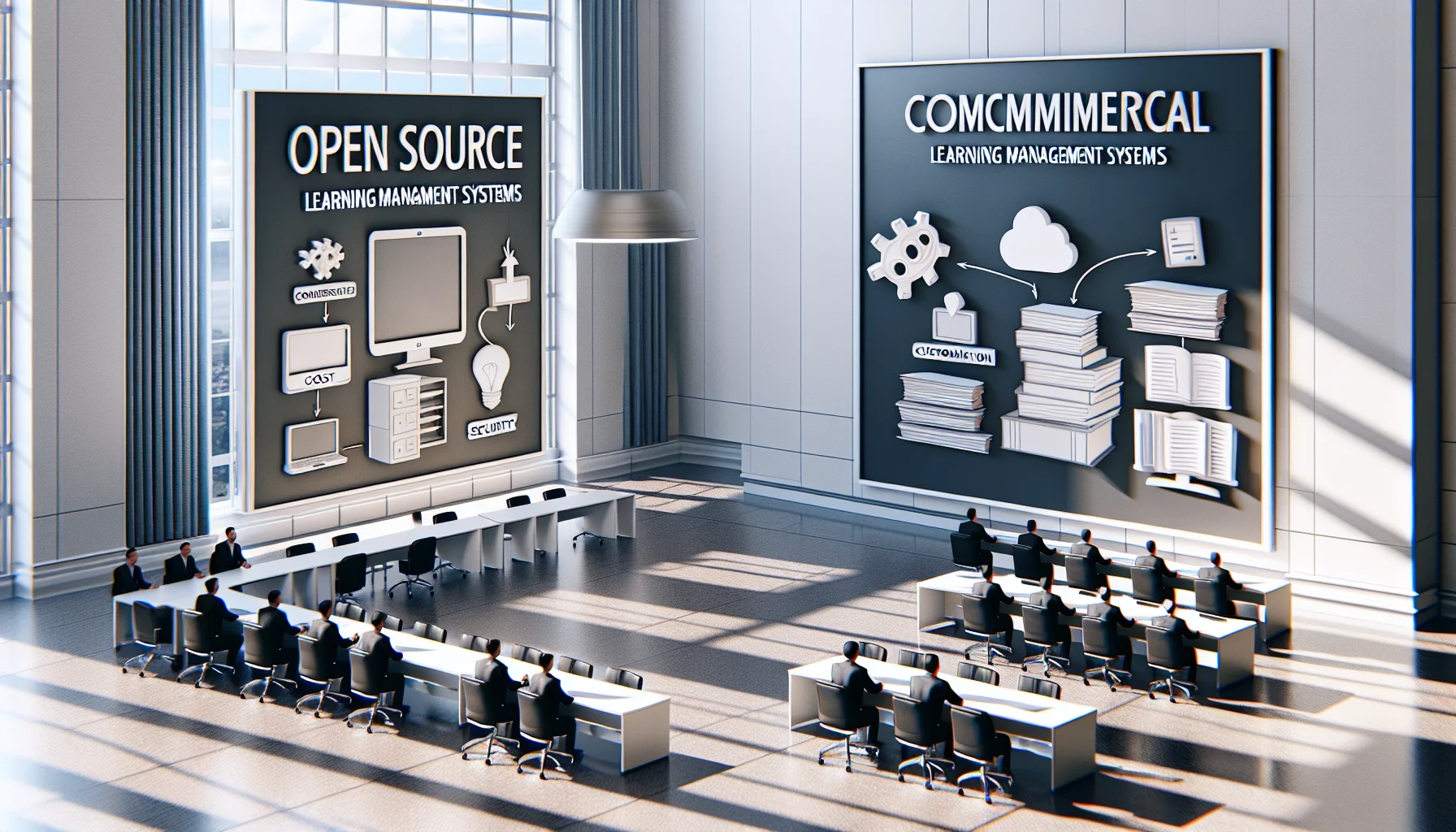 Team evaluating open source vs commercial lms features on laptop