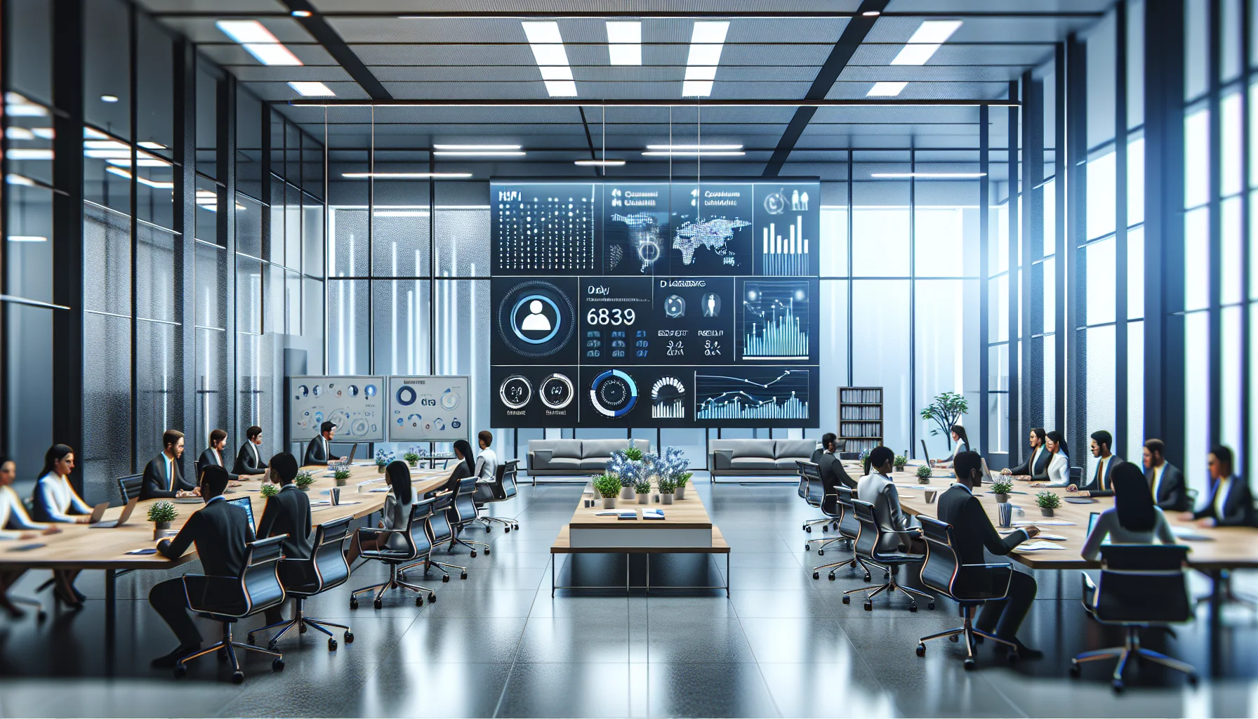 Executive team reviewing KPI dashboard time-to-belief on screen