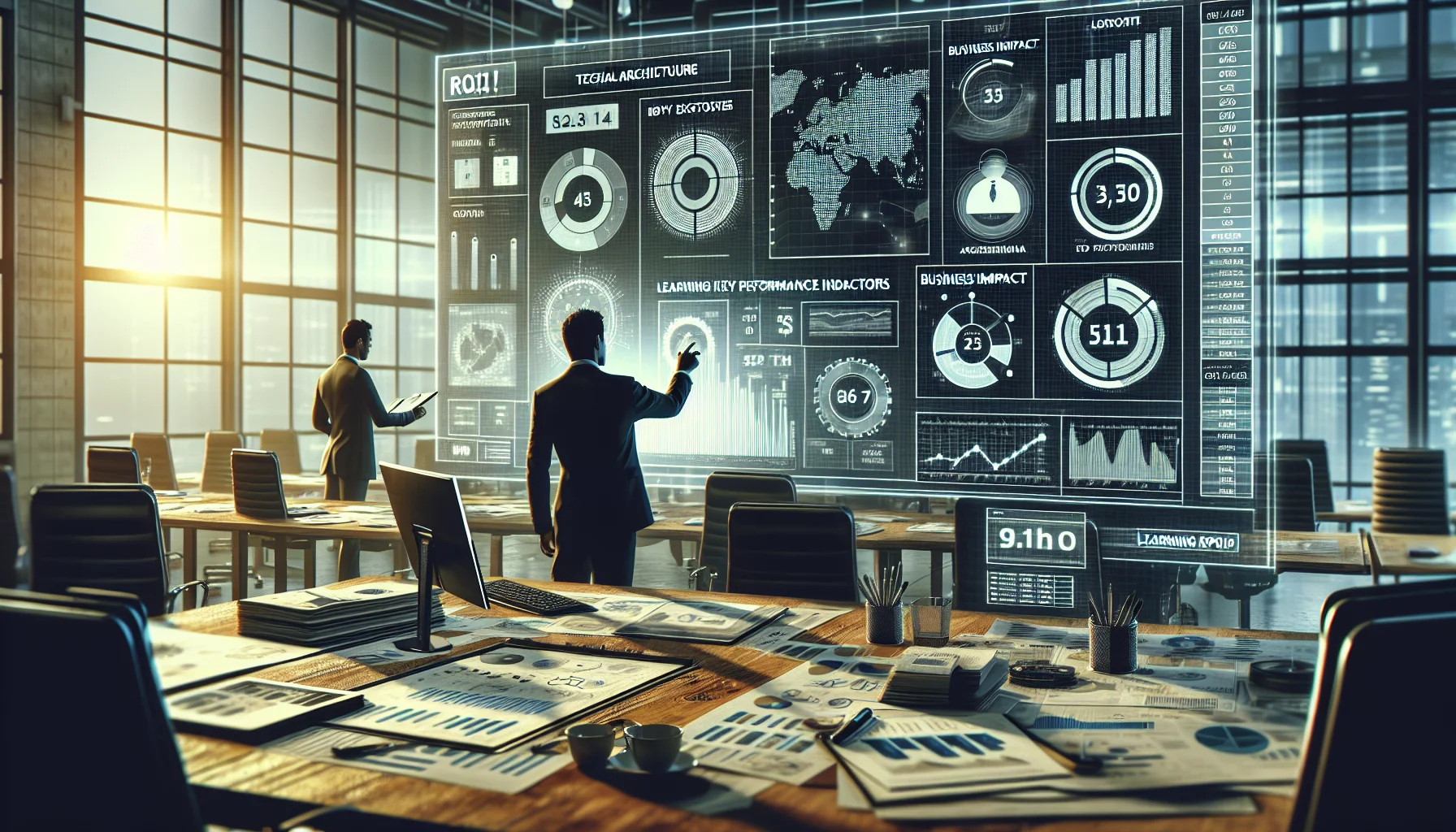 Executive reviewing learning KPIs dashboard showing consolidation impact