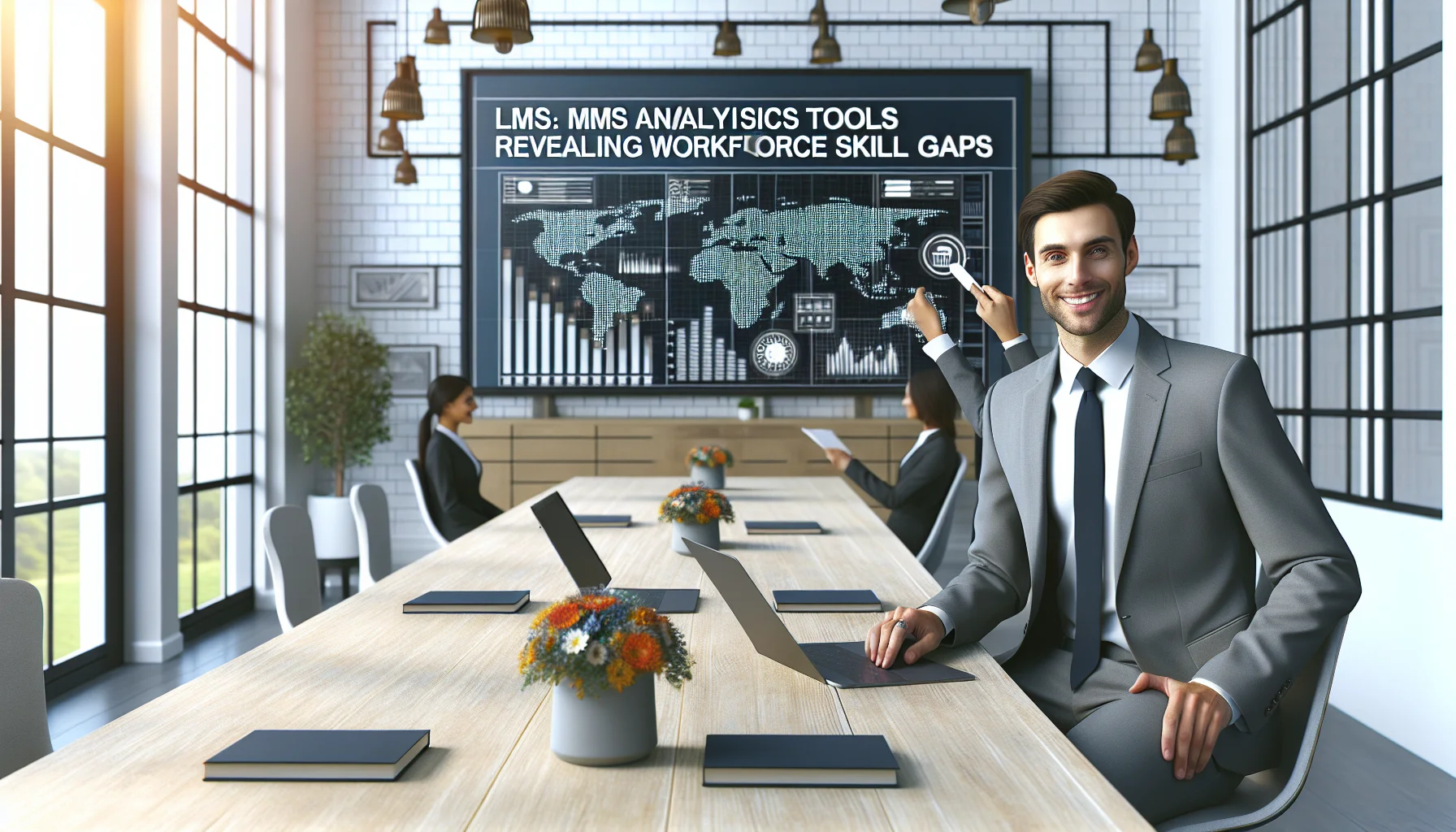Team reviewing LMS analytics tools on workforce skills dashboard