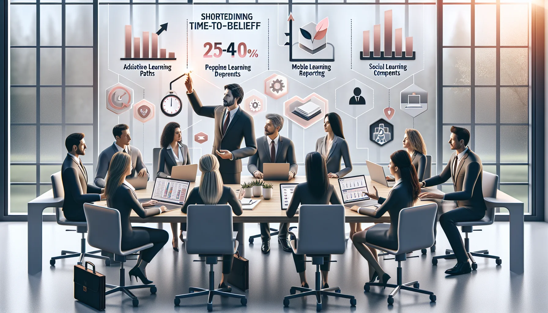 Team reviewing LMS features dashboard for adoption metrics