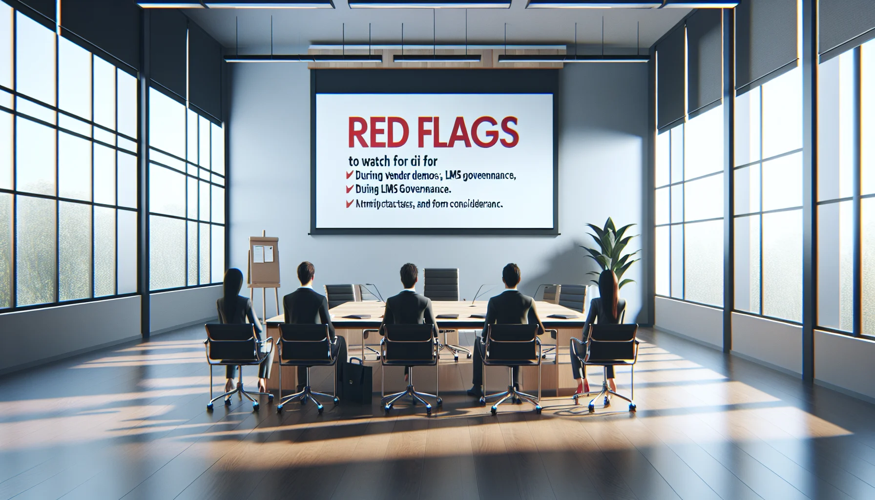 Executives reviewing LMS governance red flags checklist on laptop