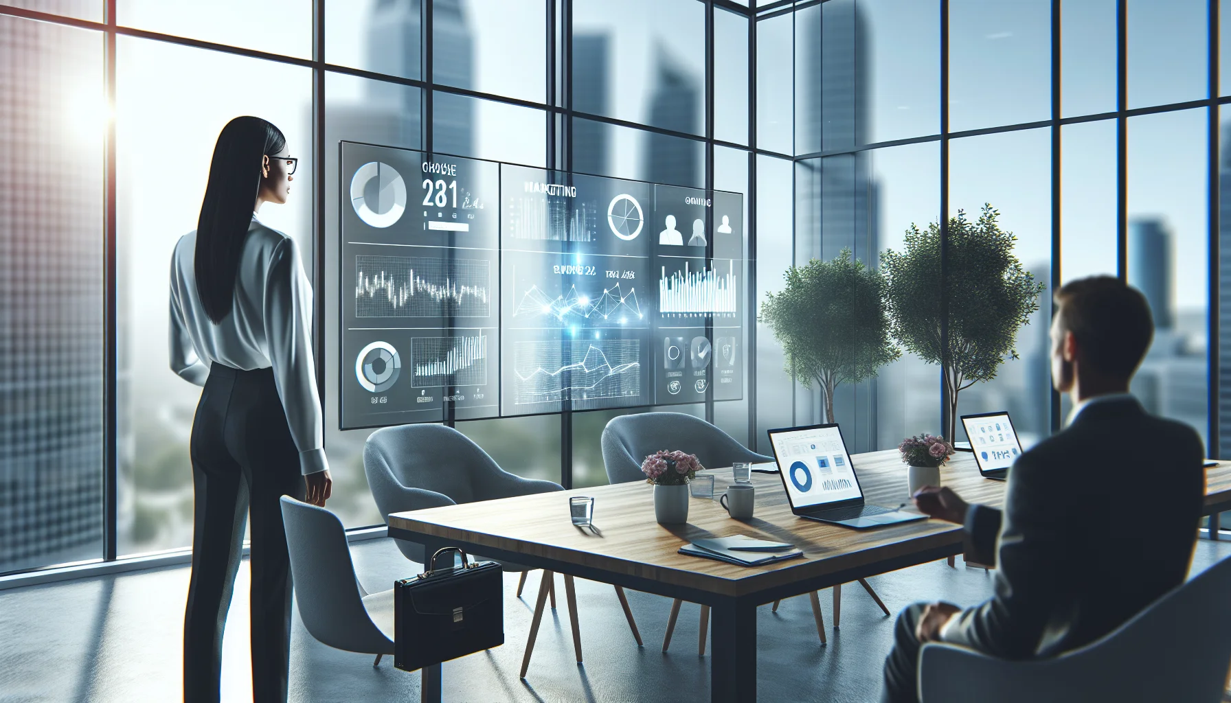 Marketers reviewing marketing analytics tools on dashboard screen