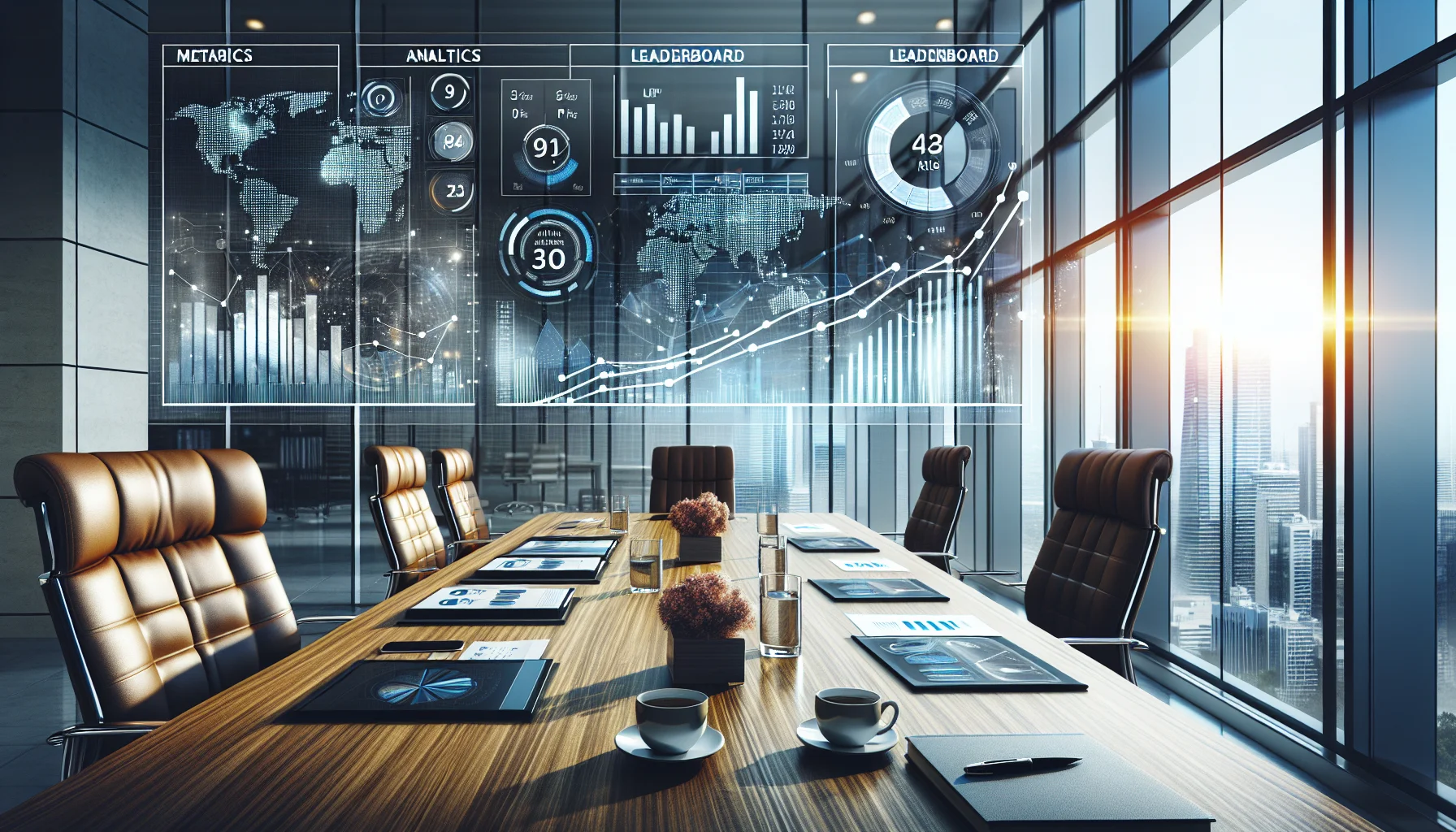 Executive reviewing gamification dashboards with badge analytics and leaderboards