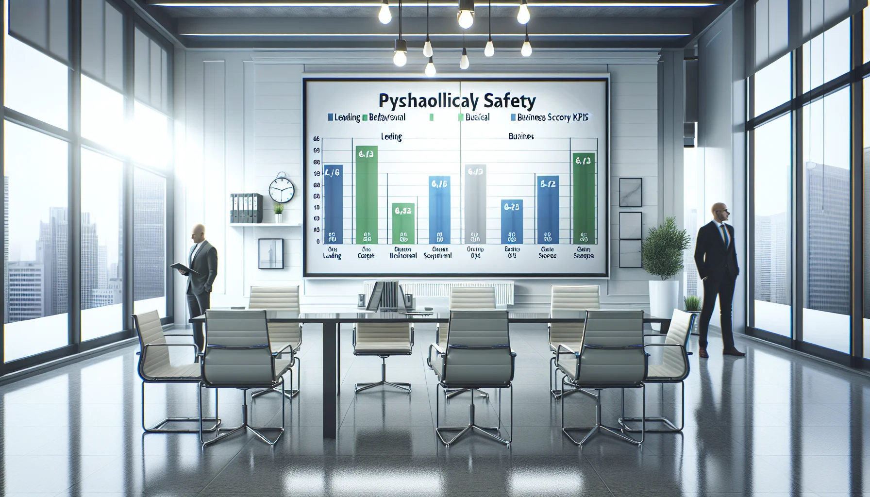 Team reviewing psychological safety KPIs on dashboard screen