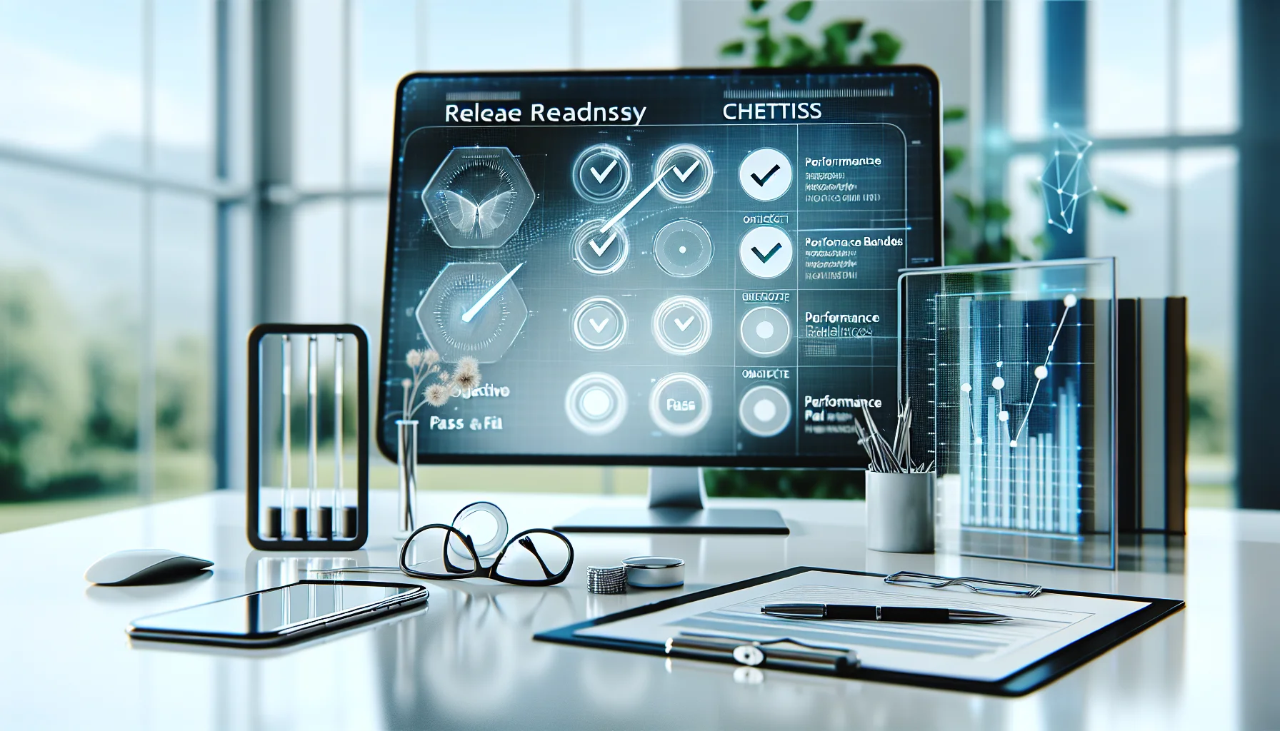 Engineers reviewing release readiness checklist on laptop screen