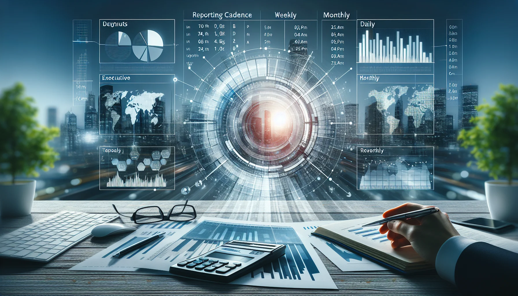 Executive reviewing reporting cadence dashboard on laptop screen