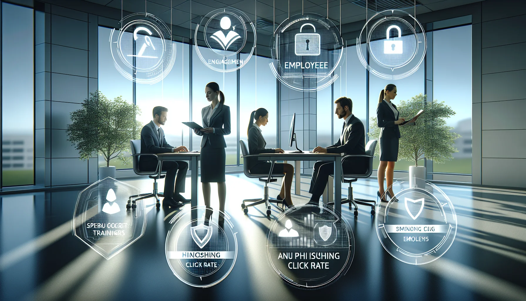 CISO reviewing security training metrics on a dashboard screen