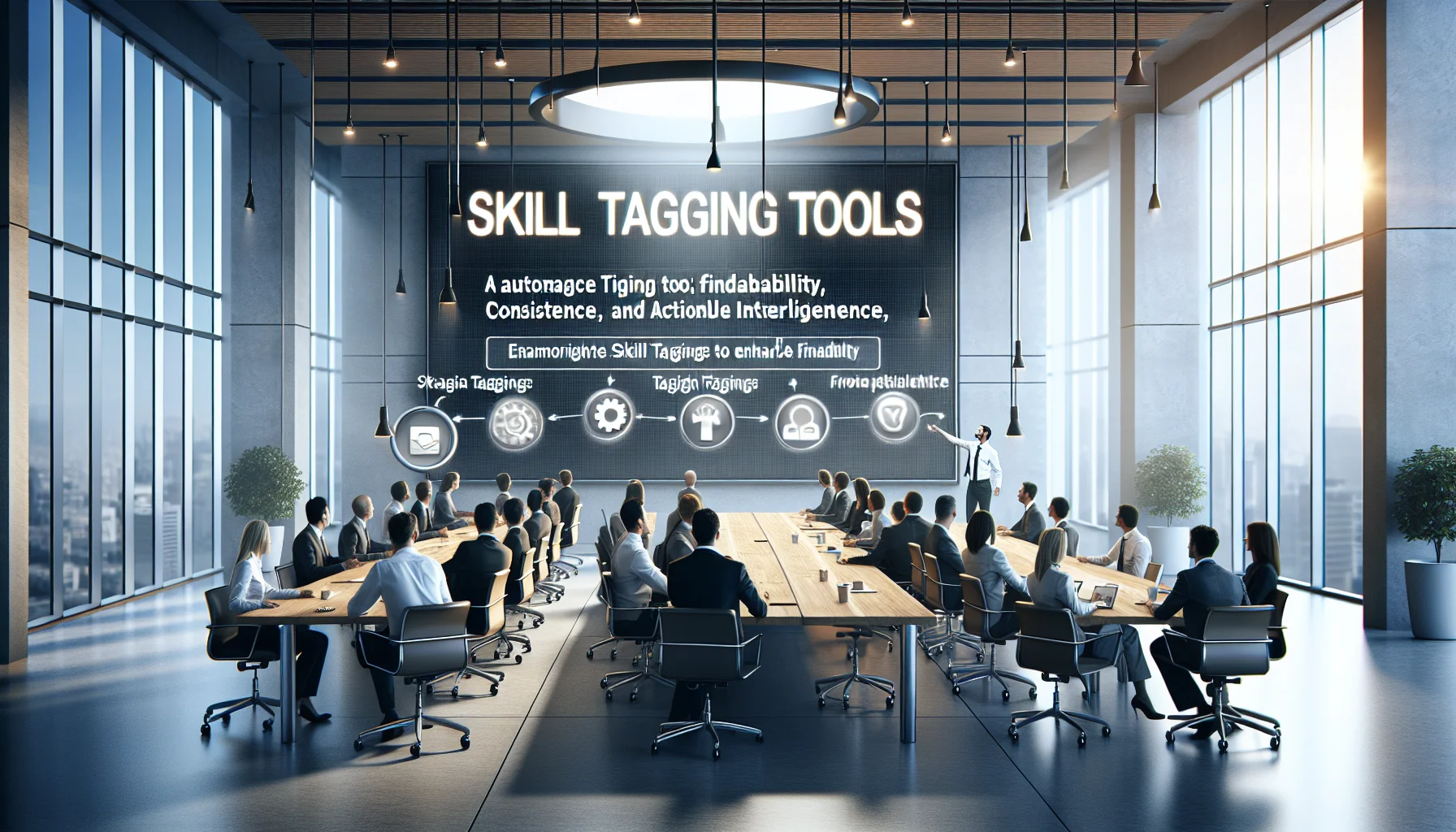 Team reviewing skill tagging tools comparison matrix on laptop