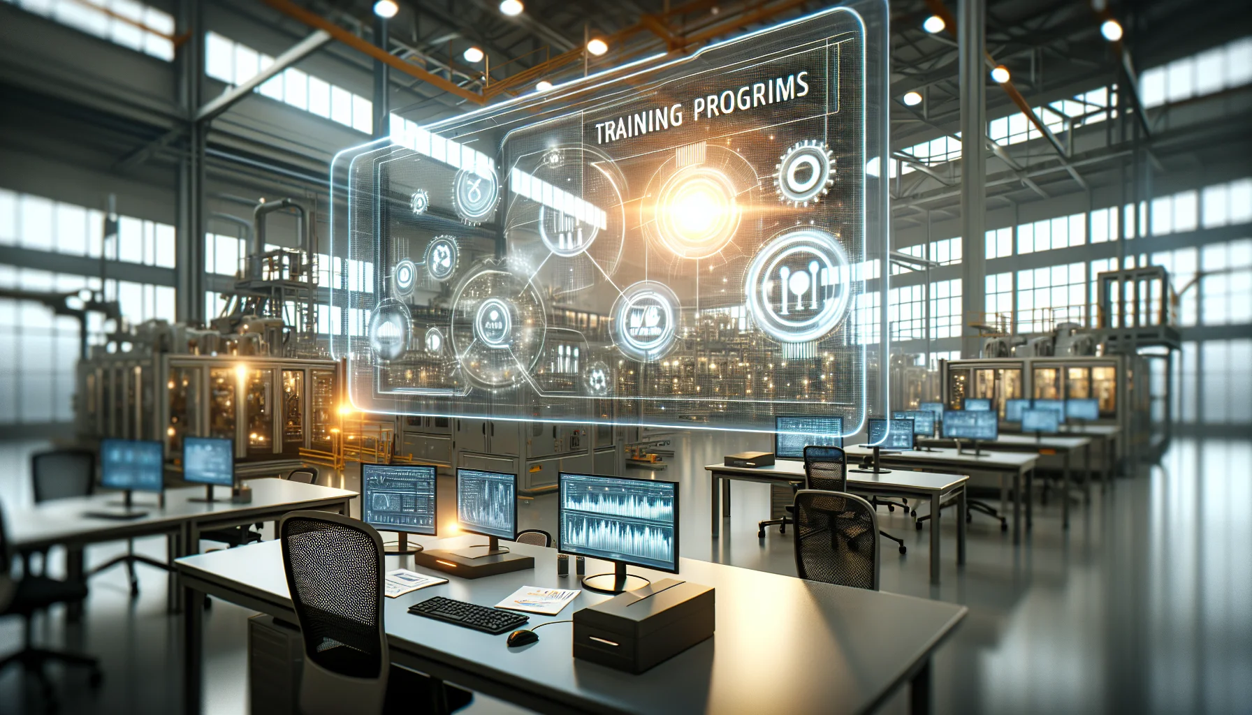 Factory operators reviewing real-time analytics for training programs