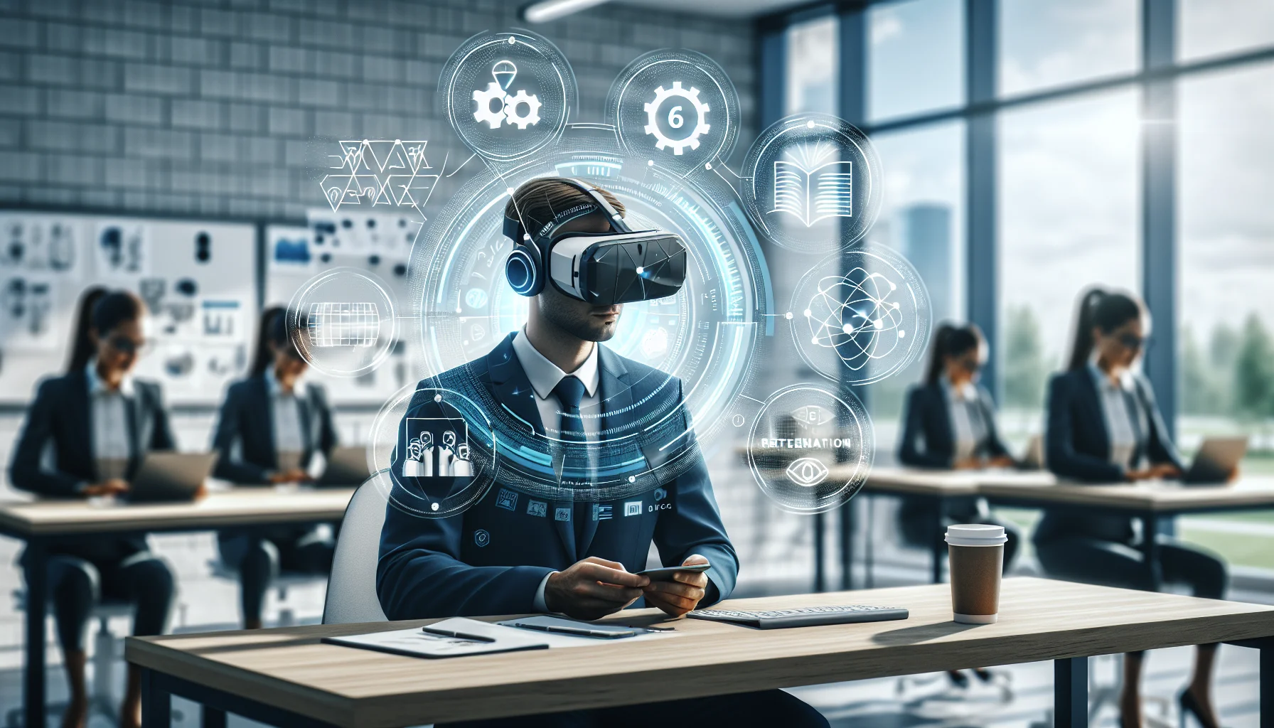 Executives reviewing VR training KPIs and learning analytics dashboard