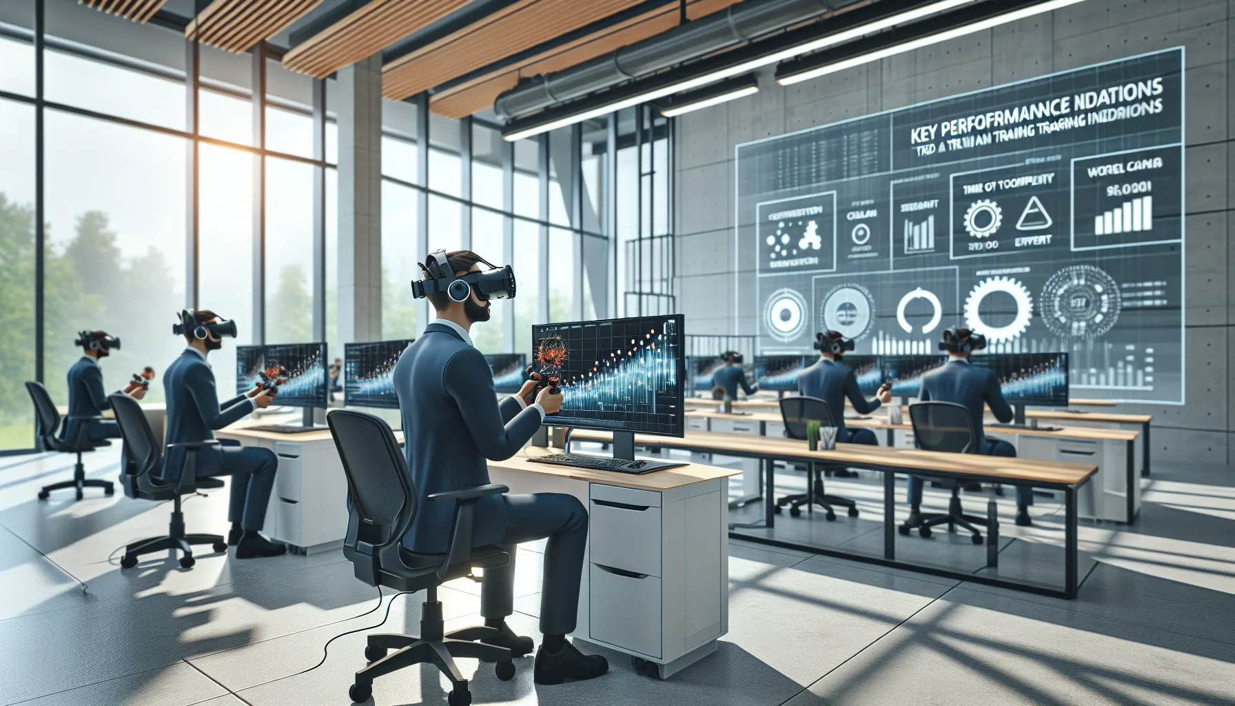 Executive reviewing VR training KPIs dashboard and benchmarks