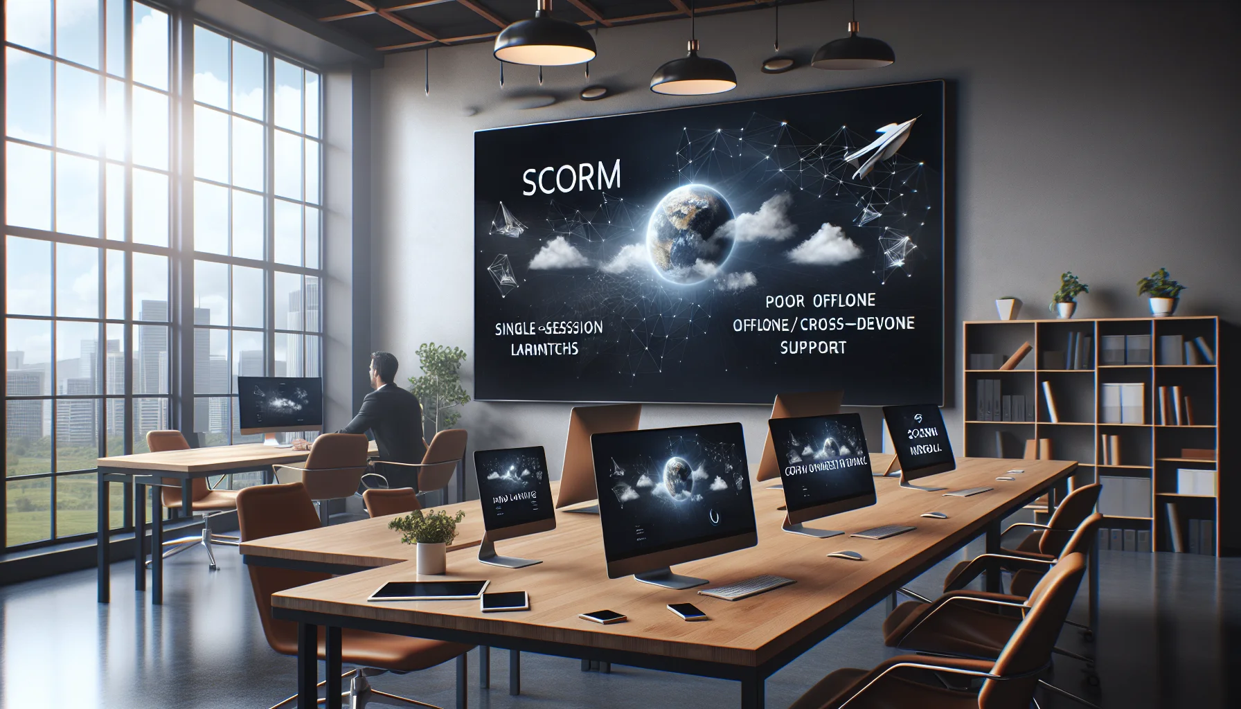 Team reviewing SCORM limitations and analytics on laptop