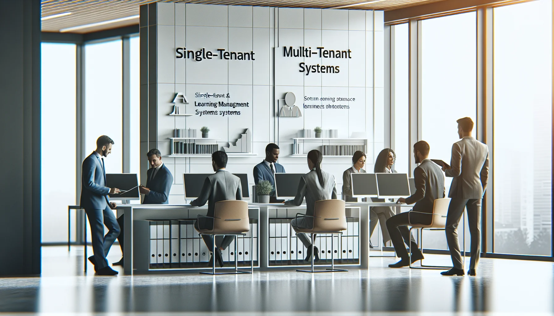 Decision-makers reviewing a multi-tenant learning management system dashboard
