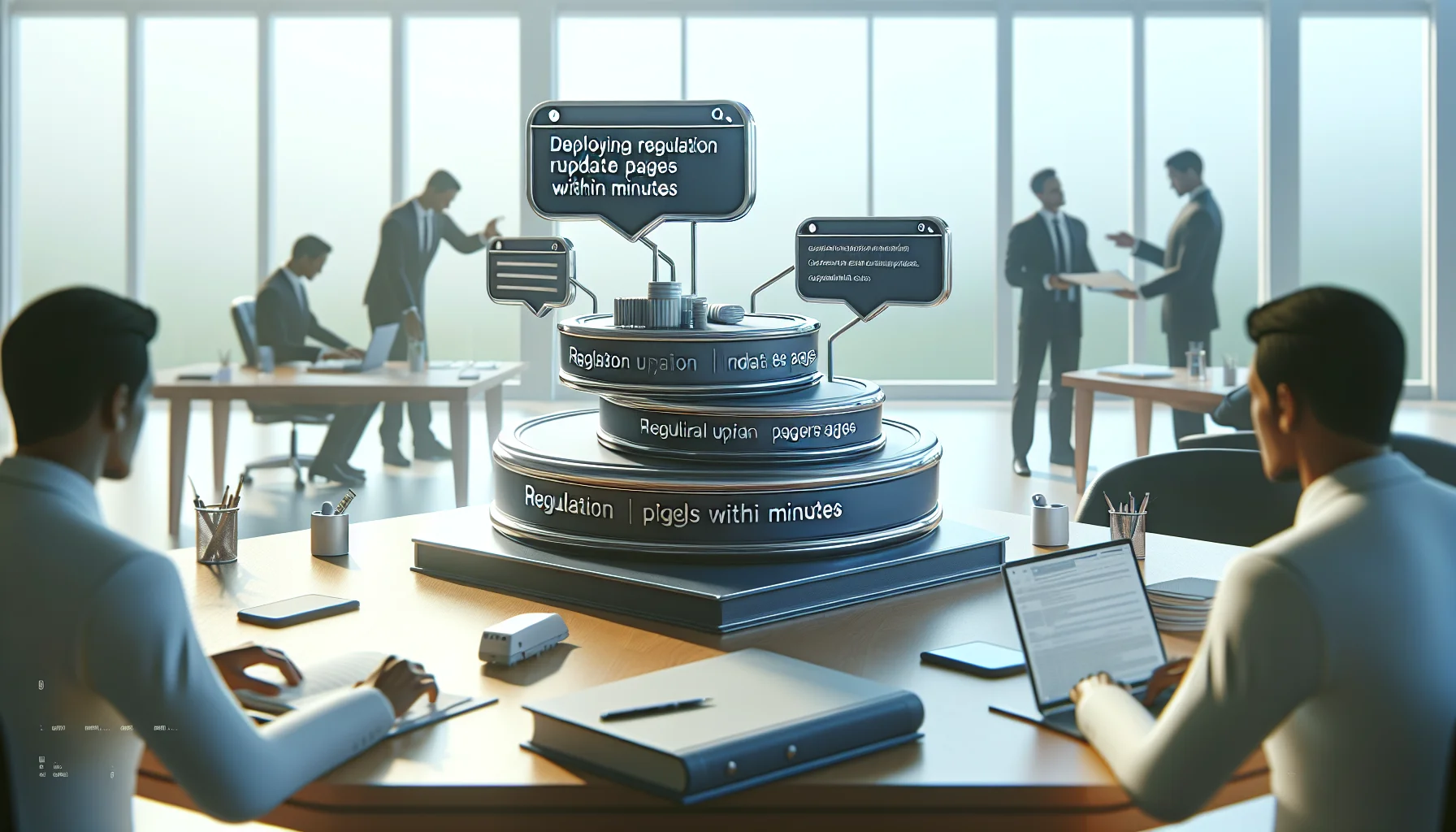 Team publishing regulation update pages on laptop with timestamps