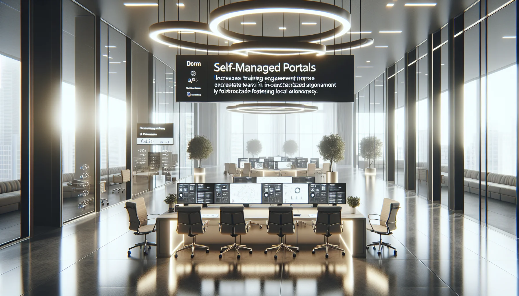 Decentralized team reviewing self-managed portals training dashboard and analytics